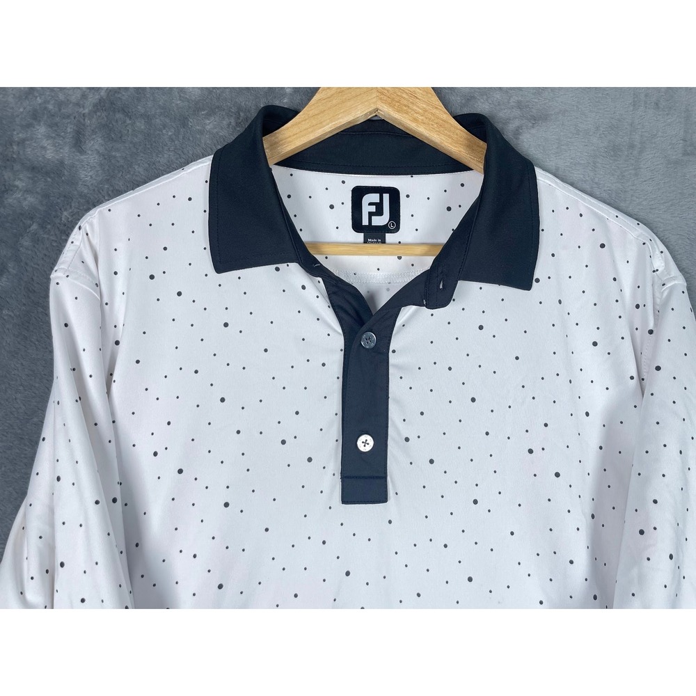 FootJoy Mens Large ProDry Golf Polo Shirt White Black Micro Dot Print